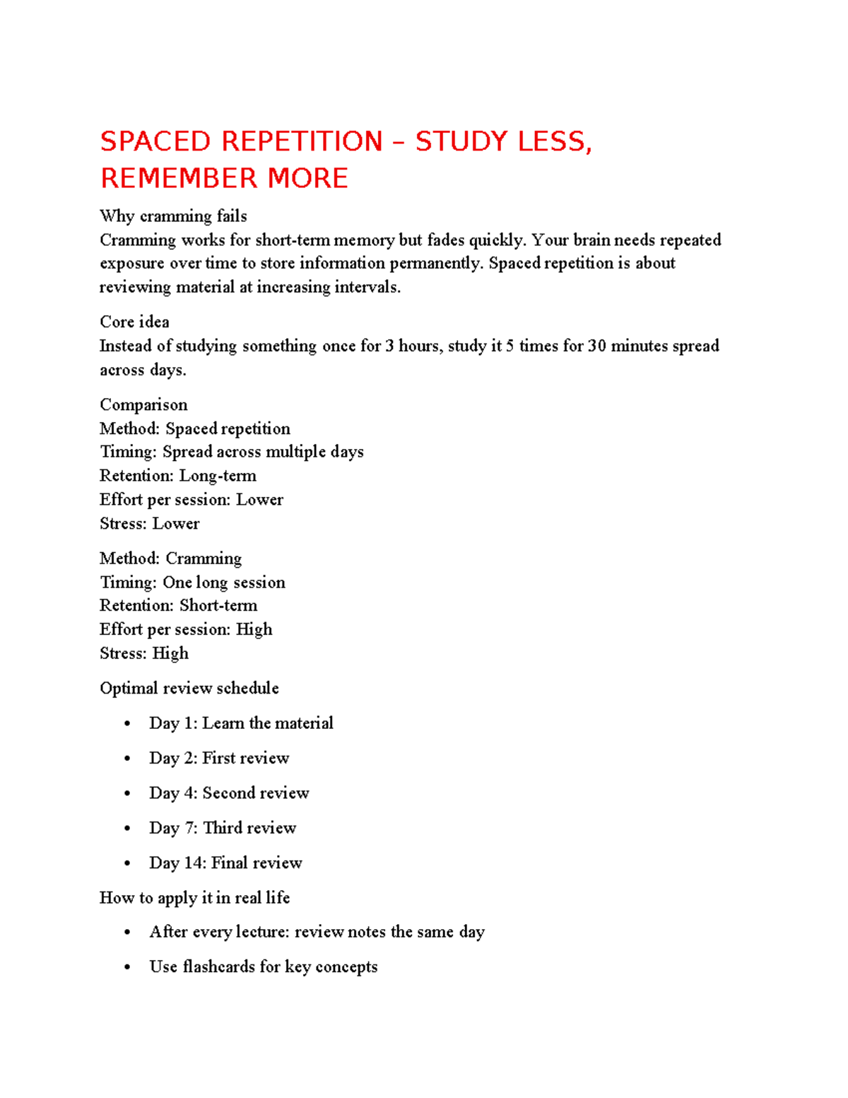 SPACED REPETITION STUDY: Why Cramming Fails in Retention - Studocu