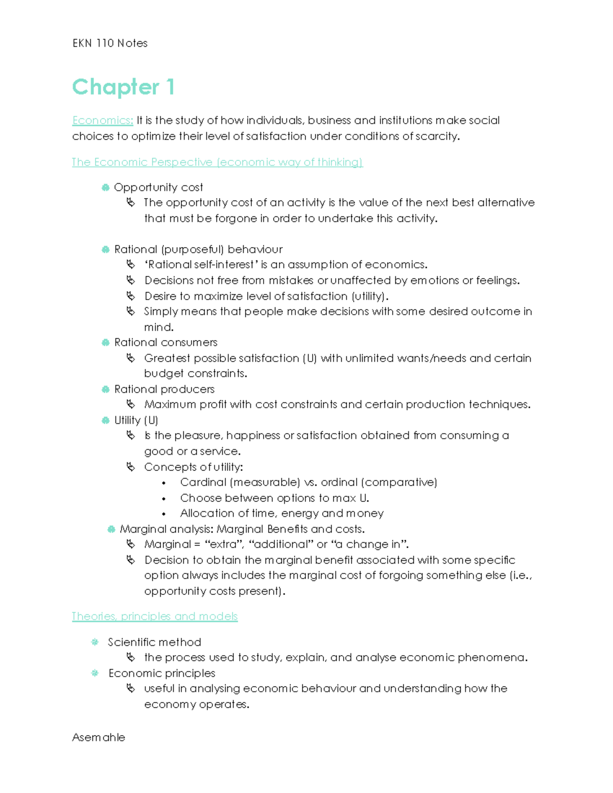 EKN 110 Notes: Key Concepts in Economics - Chapter 1 & 2 Summary - Studocu