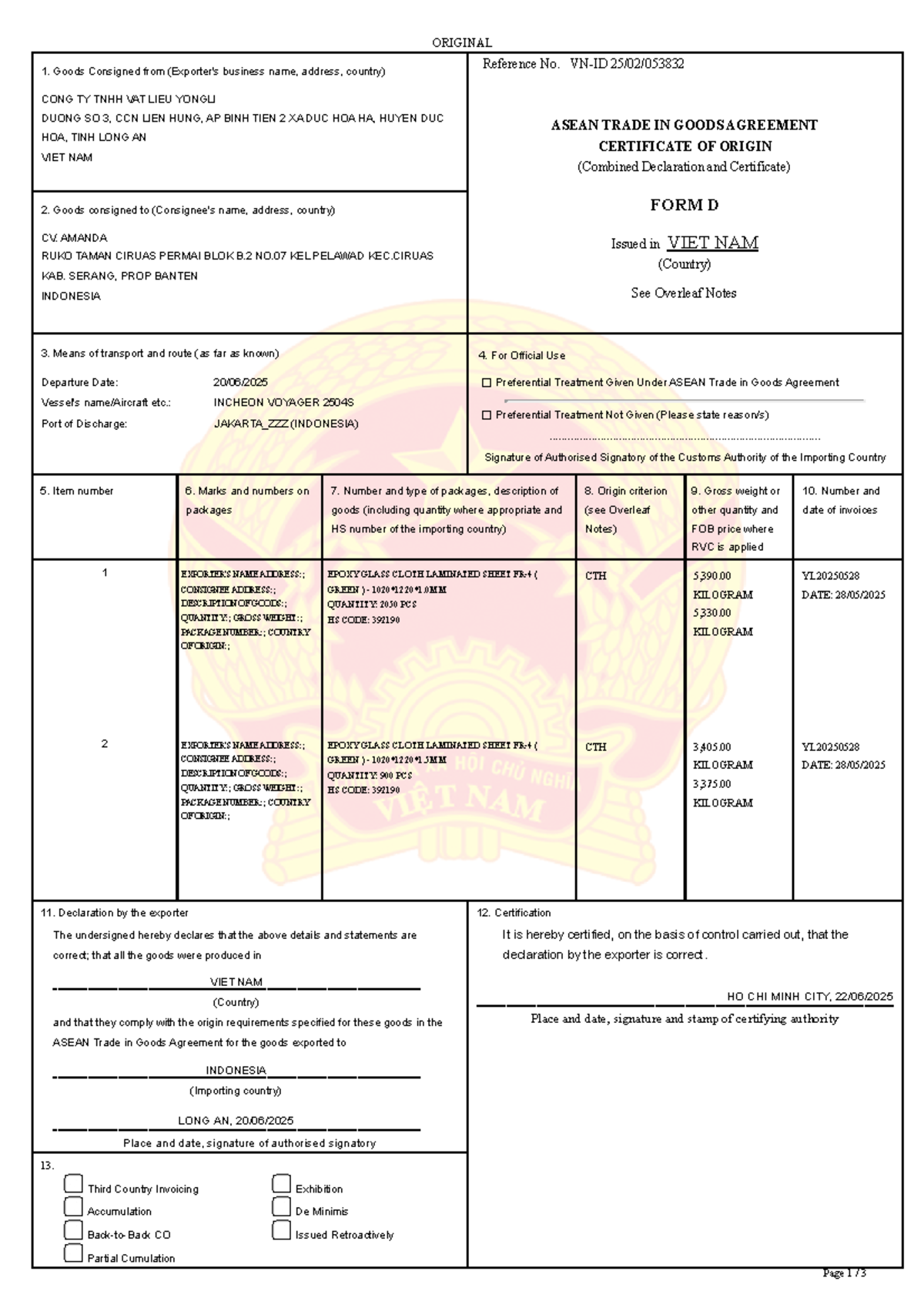 Certificate of Origin Form D for ASEAN Trade - VN-ID 25 02 053832 - Studocu