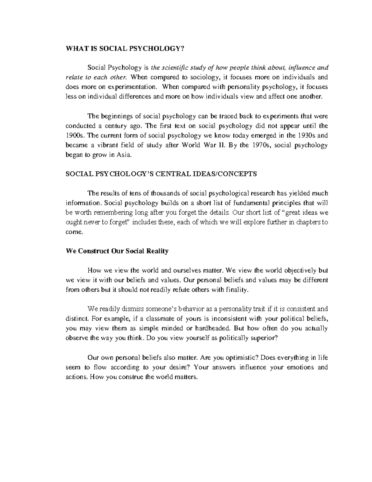 Social Psychology (PSY101) - Key Concepts and Comprehensive Notes - Studocu