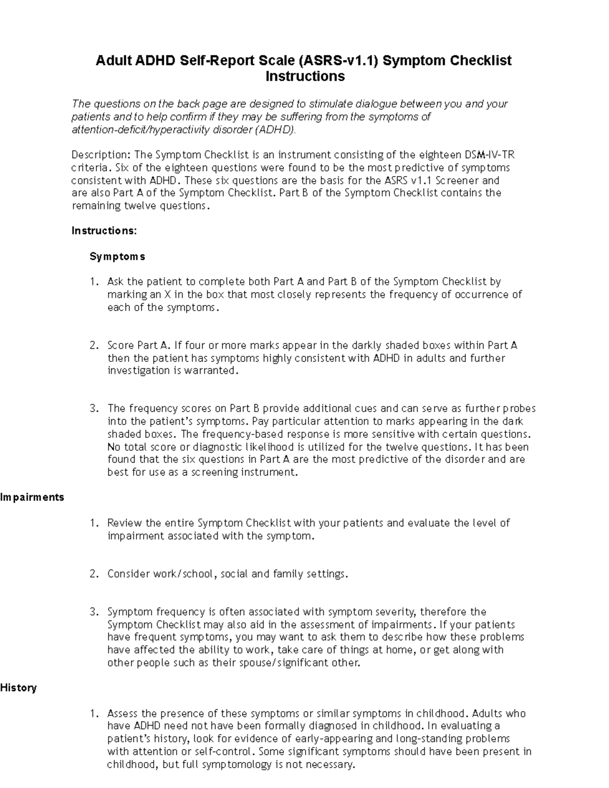 Adult ADHD Scale Symptom Checklist Instructions (ASRS v1.1) - Studocu