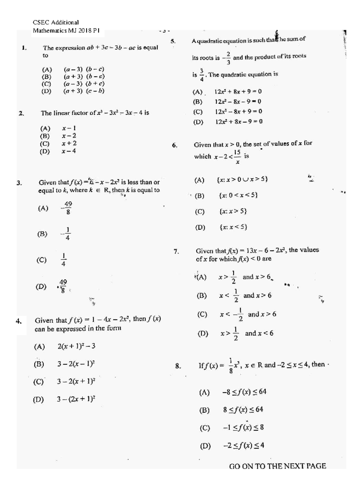 CSEC Additional Mathematics May/June 2018 Paper 1 Solutions - Studocu
