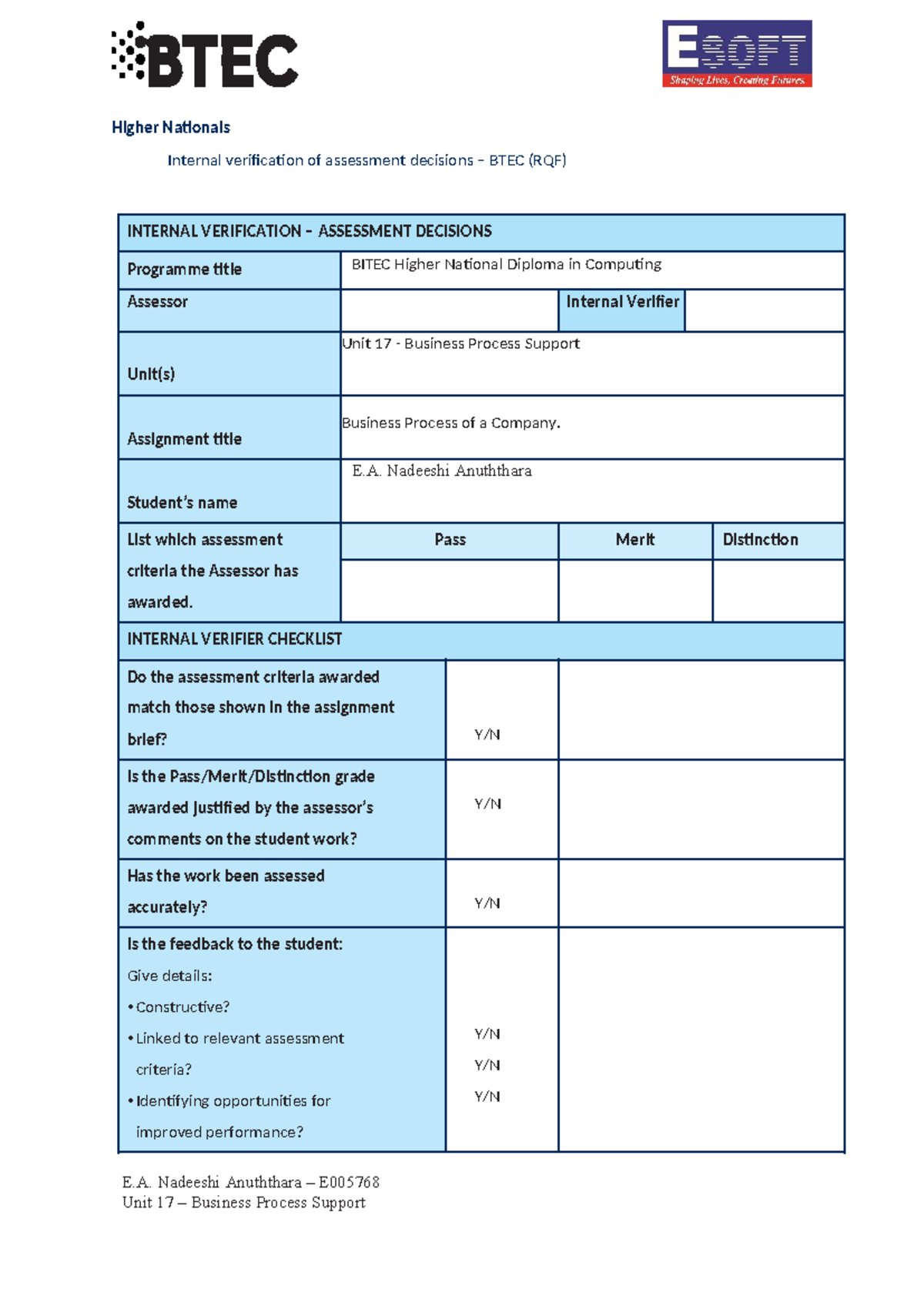 Unit 17 - Business Process Support: Internal Verification Report 2022 ...
