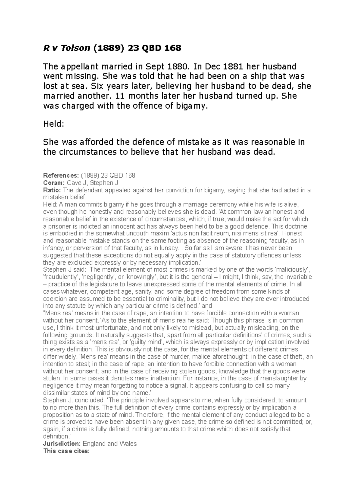 R v Tolson - Bigamy Case Summary and Legal Principles Analysis - Studocu