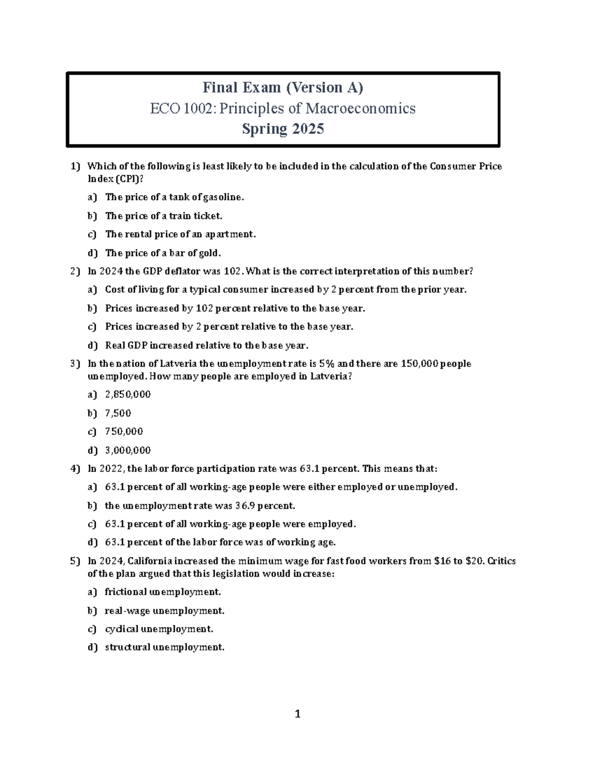Final Exam Practice ECO 1002: Principles of Macroeconomics Spring 2025 ...