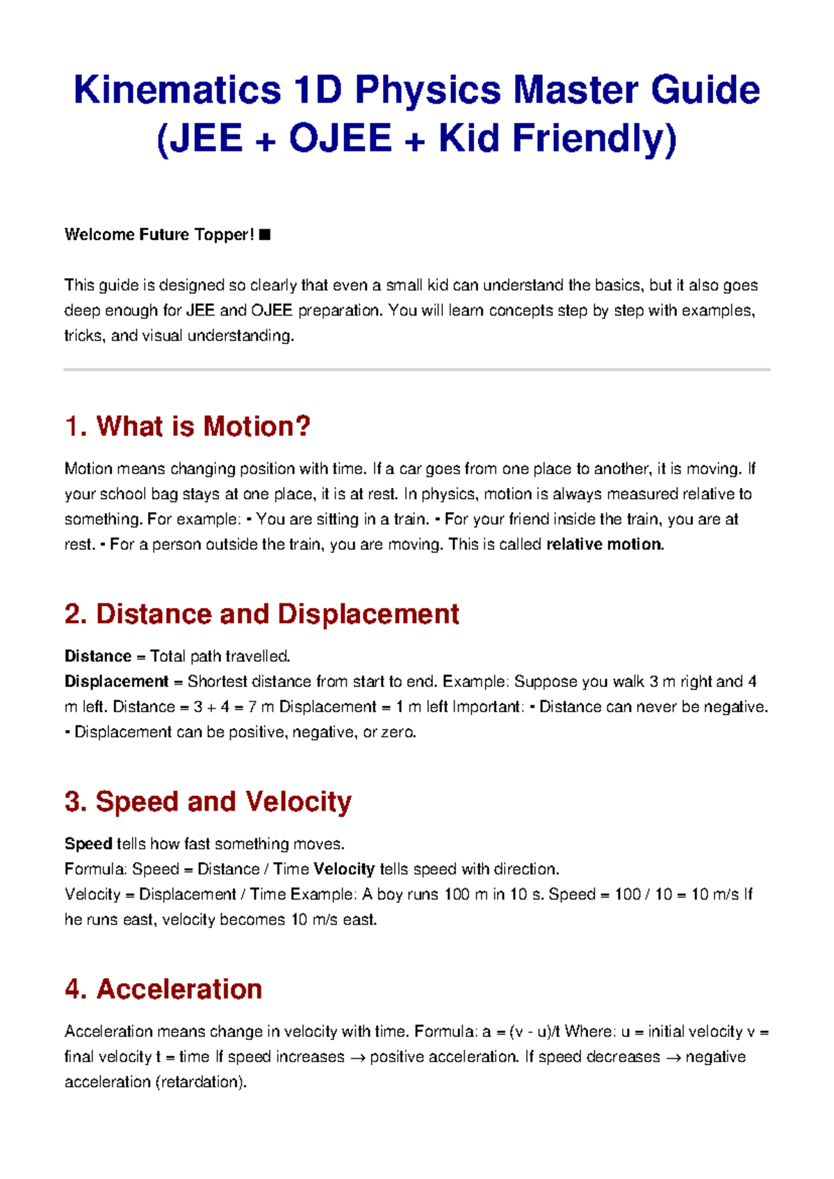 Kinematics 1D Master Guide for JEE & OJEE Preparation - Studocu
