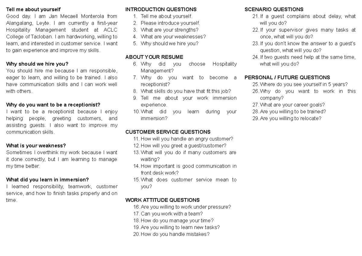 Possible Questions for Mock Interview in Hospitality Management (HM 101 ...