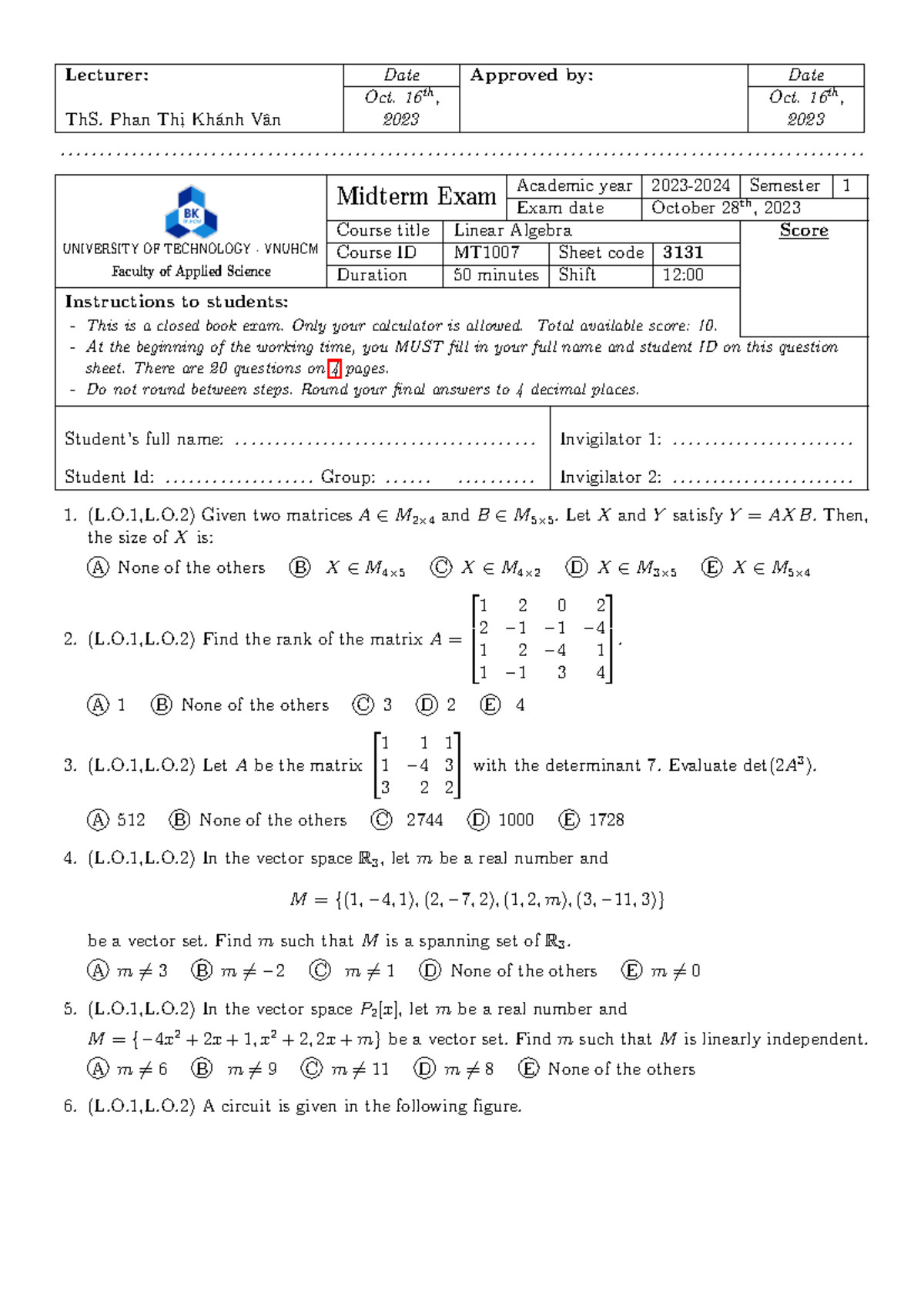 Midterm Exam MT1007: Linear Algebra - October 28, 2023 - Studocu