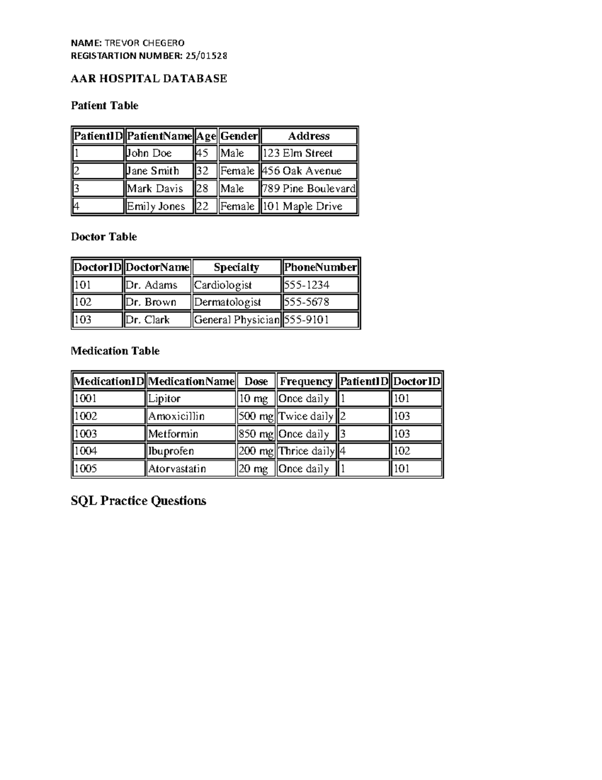 SQL Practice Questions for AAR Hospital Database - Studocu