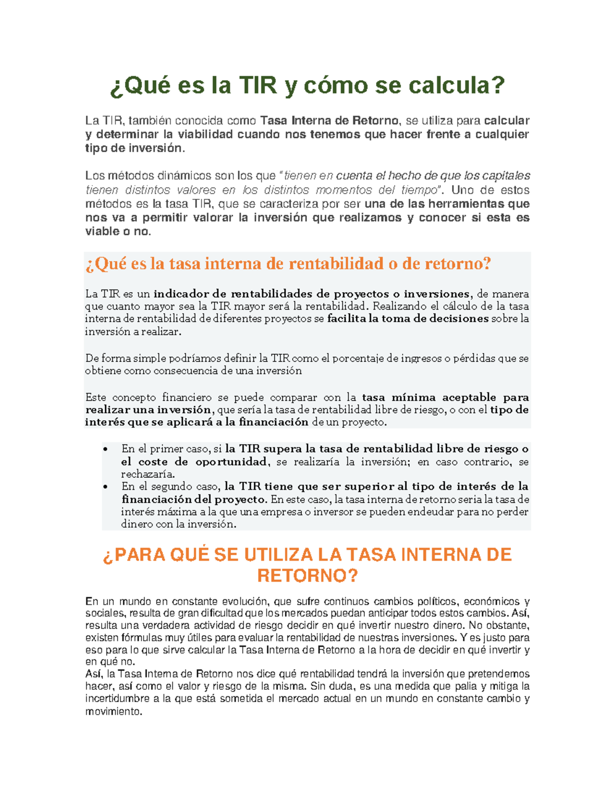 Cálculo y Uso de la Tasa Interna de Retorno (TIR) en Inversiones - Studocu