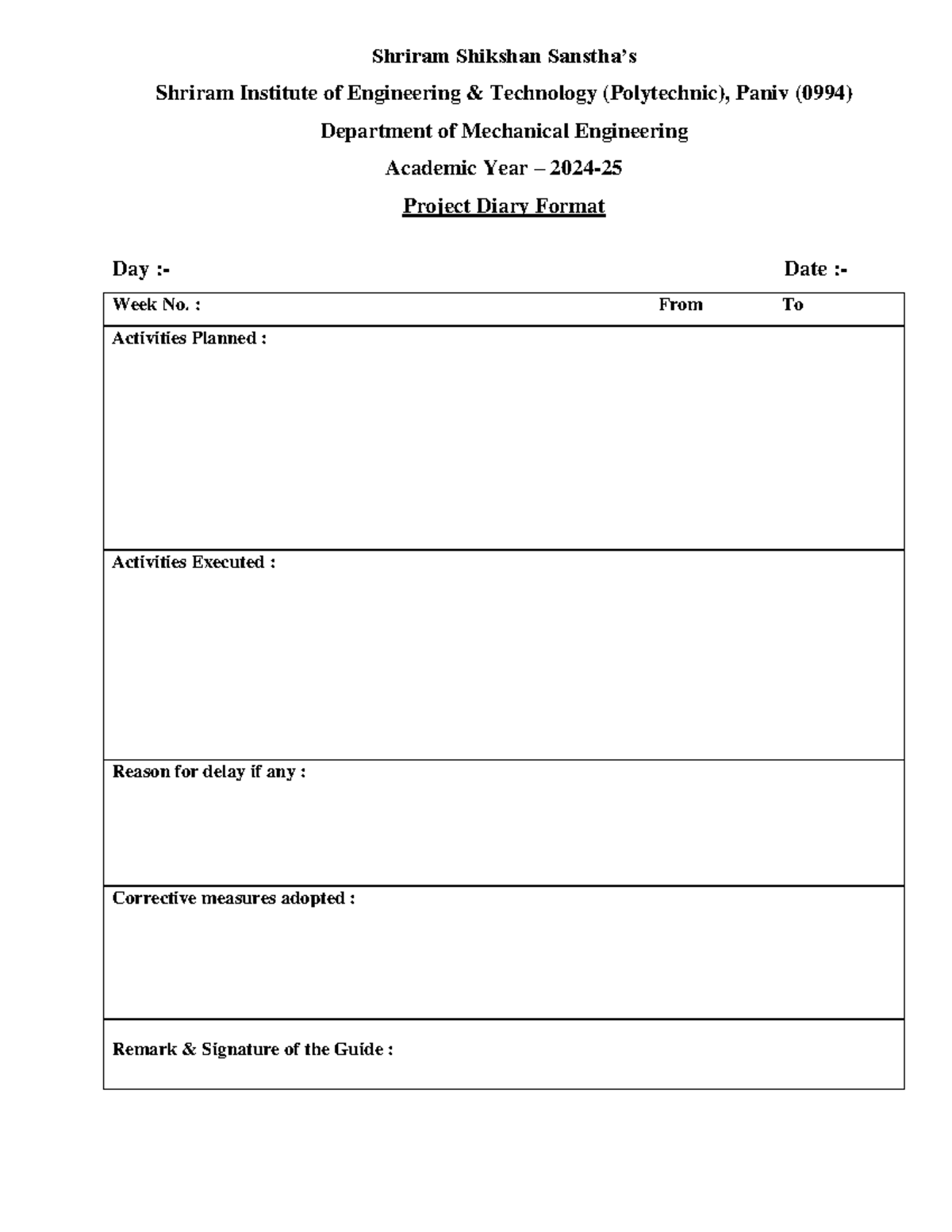 MH Project Diary Format - Diploma in computer Engineering - Shriram ...