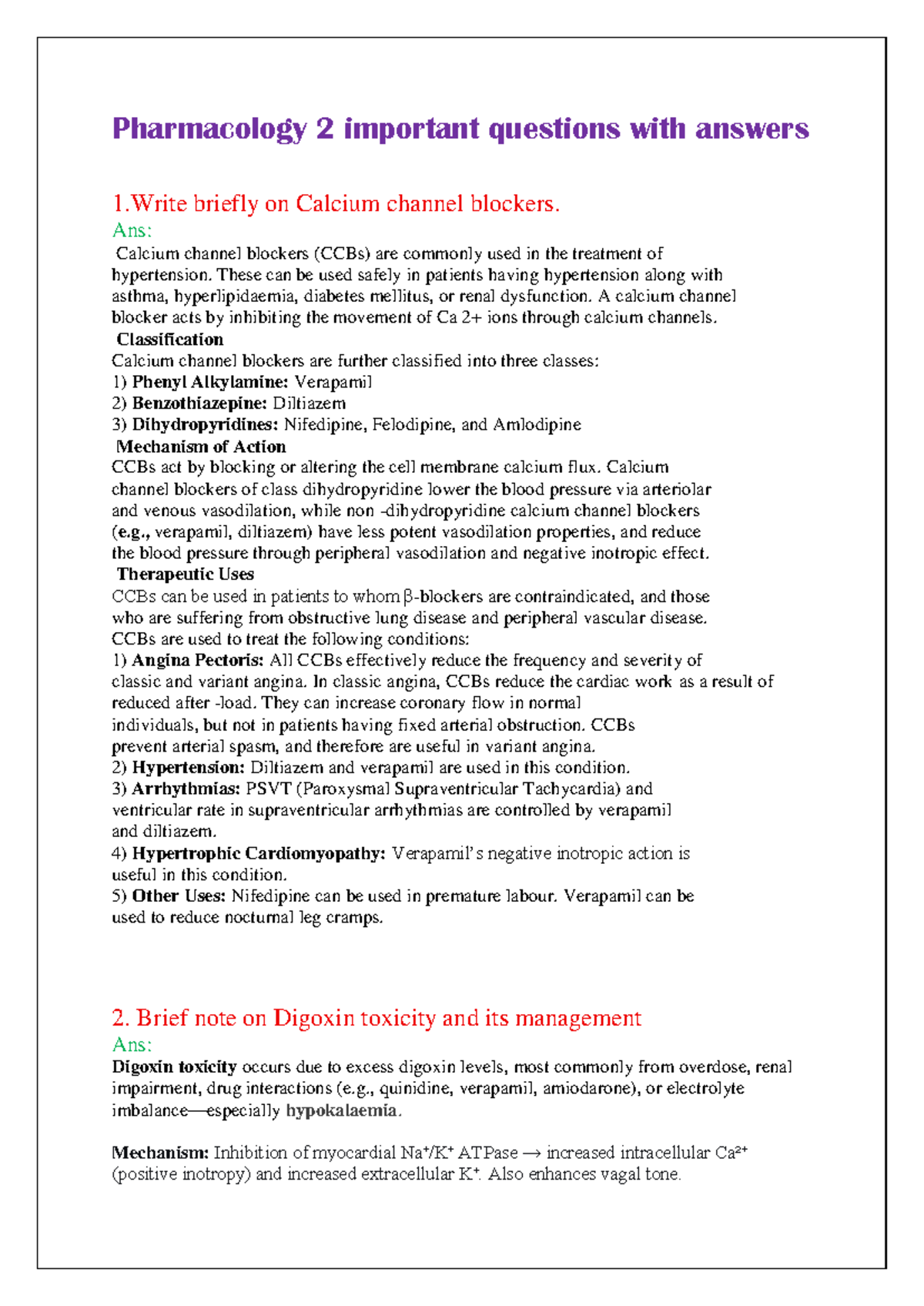 Pharmacology 2: Key Questions & Answers on CCBs, Digoxin, and More ...