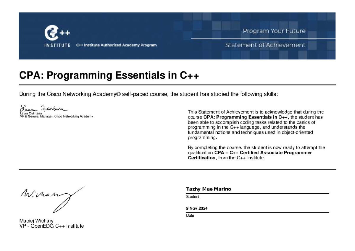 Tazhy Mae Marino-Undergrad-ITE610-certificate - CPA: Programming ...