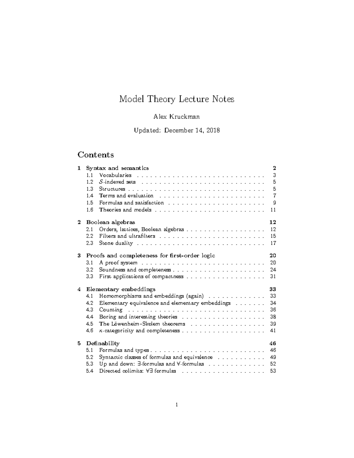 Lecture Notes on Model Theory (MATH 301) - Key Concepts and Structure ...