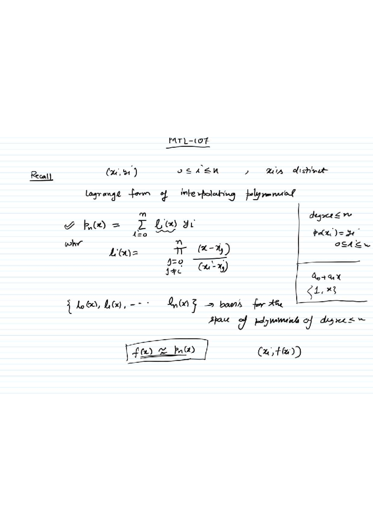 Mtl107 Lecture 10: Lagrange Interpolation and Error Analysis - Studocu