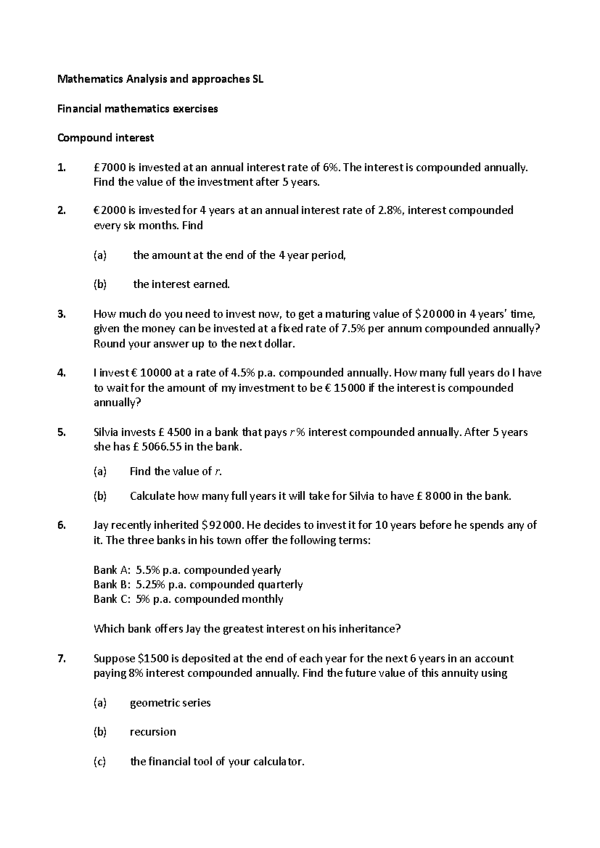 Financial mathematics - exercises - AA SL - Mathematics Analysis and ...