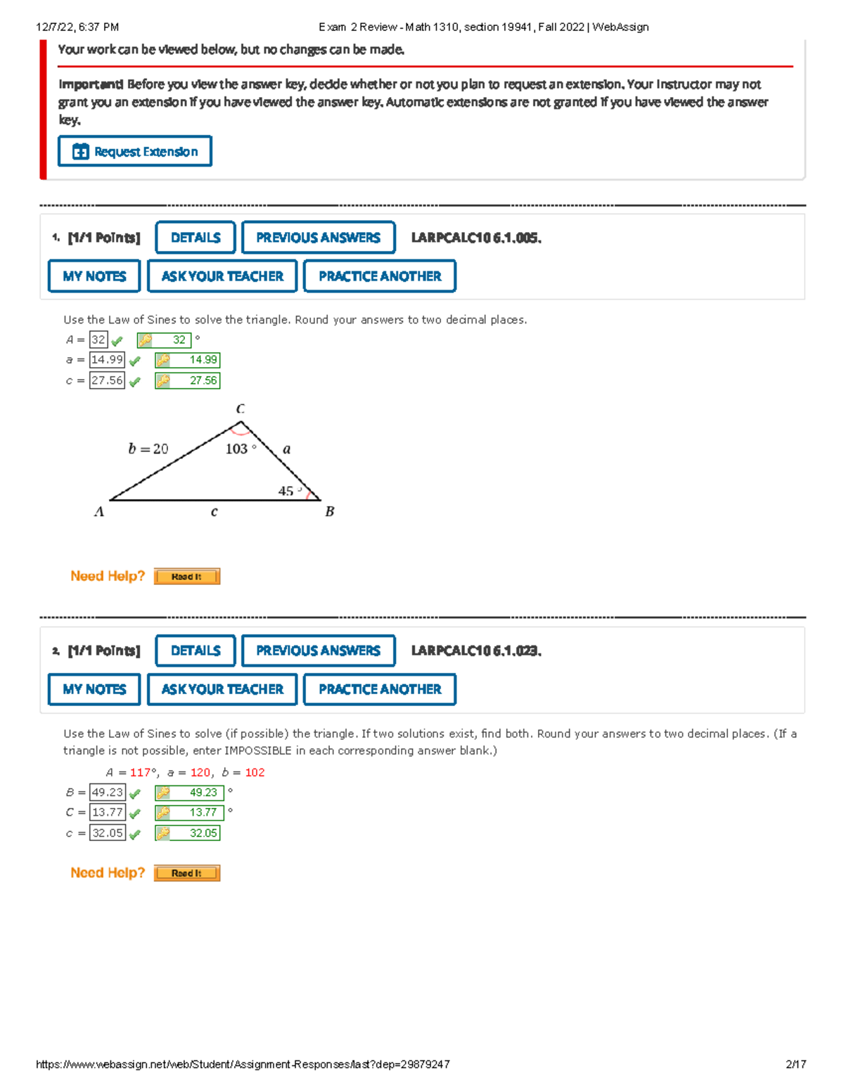 Math 1310 - Exam 2 Review (6.1 - 6 - Use the Law of Sines to solve the ...