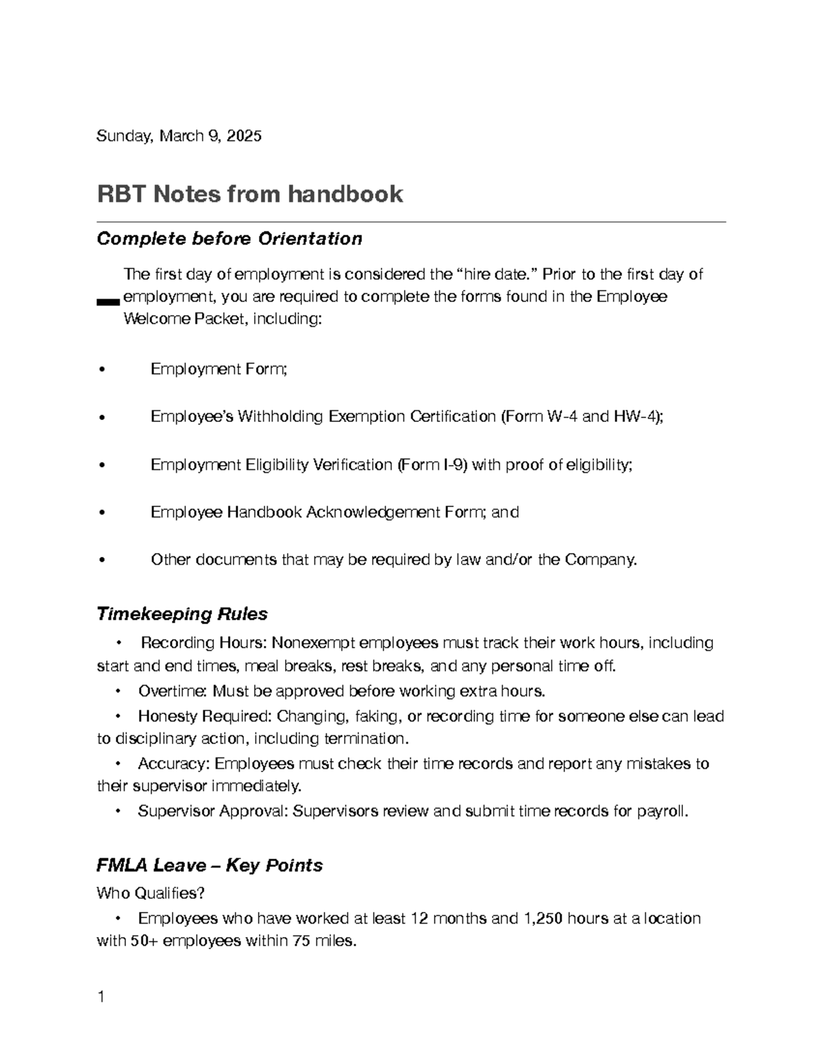 RBT Handbook Notes: Key Points for New Employees and Policies - Studocu