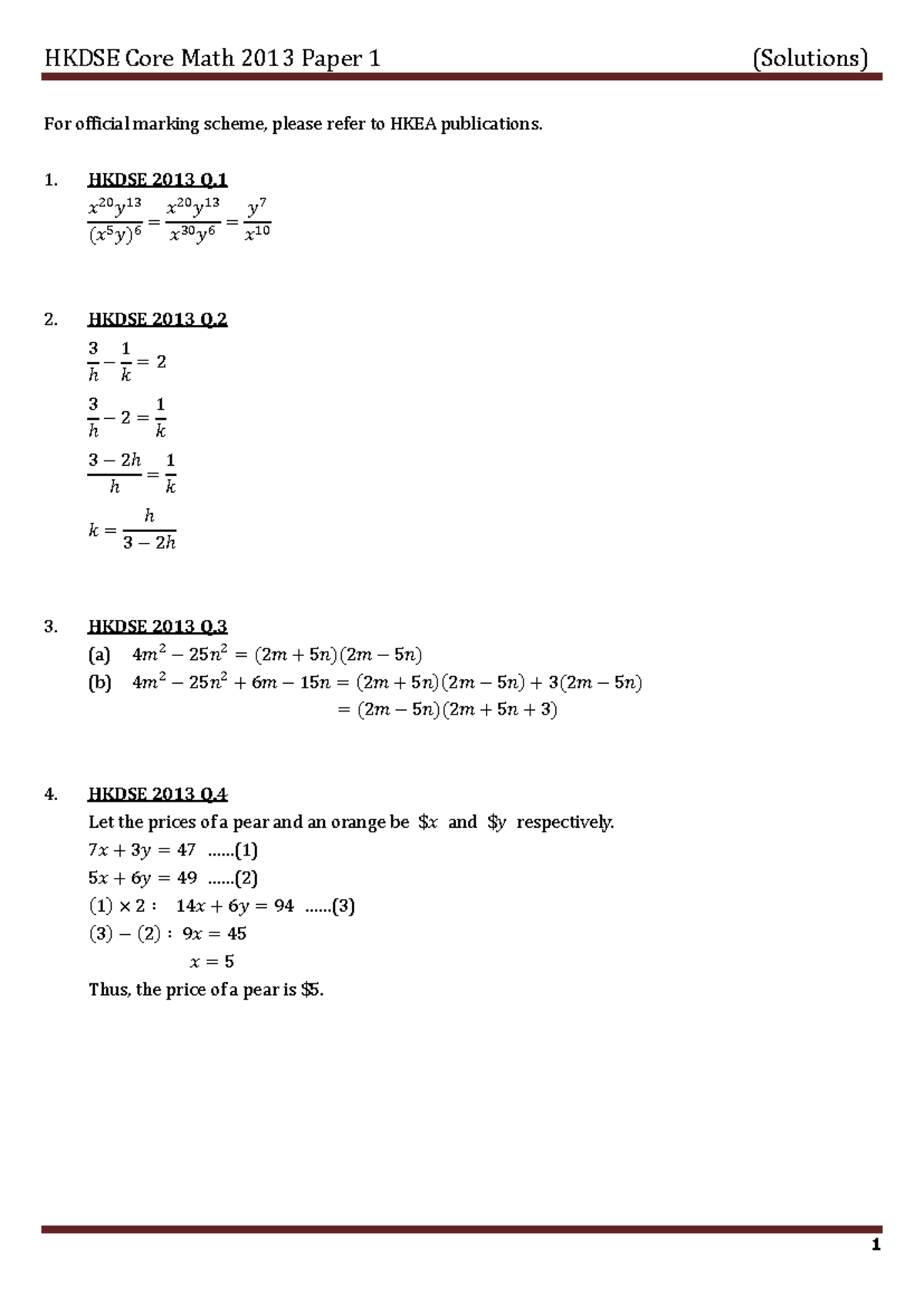 HKDSE Core Math 2013 Paper 1 Solutions - Studocu