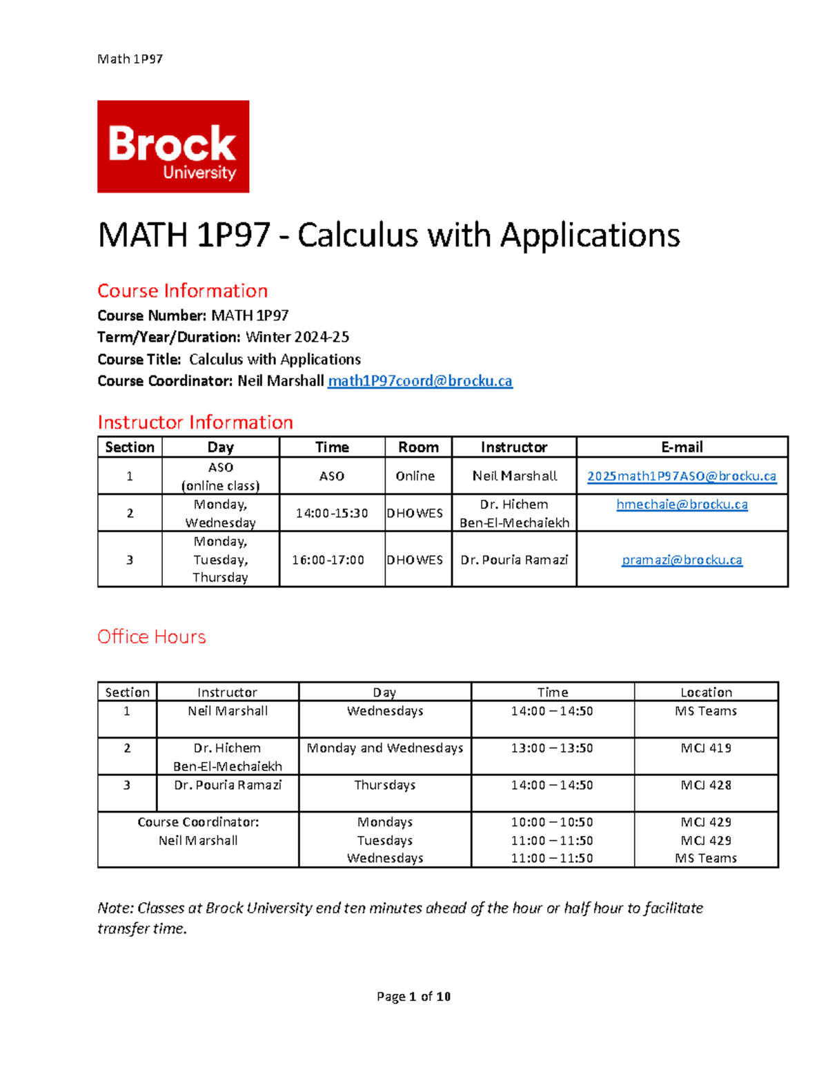MATH 1P97 - Winter 2024-25 Course Outline for Calculus Applications ...