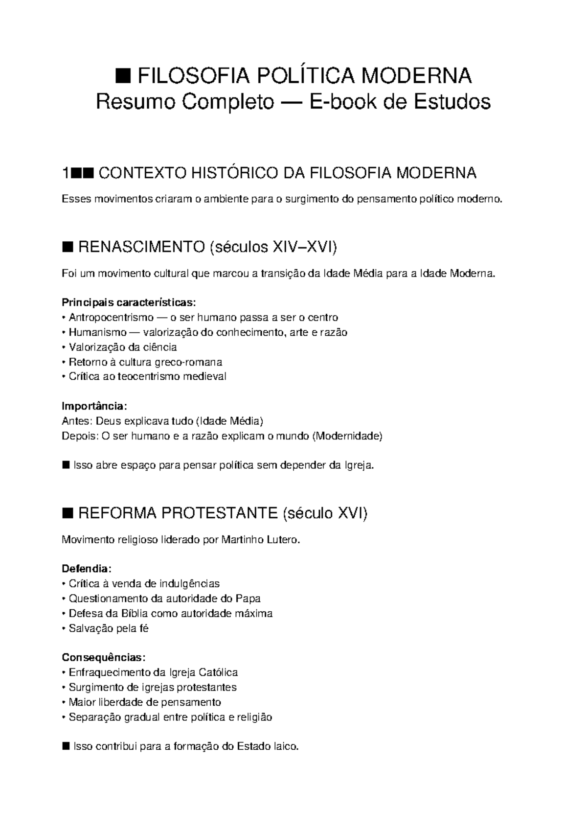 Ebook FILOSOFIA POLÍTICA MODERNA: Resumo Completo de Estudos - Studocu