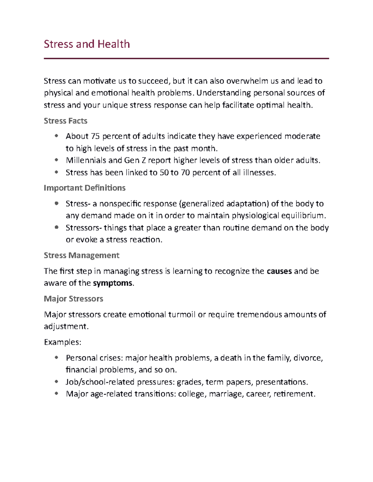 Stress and Health Concepts: Notes for Chapter 16 (PSY 101) - Studocu