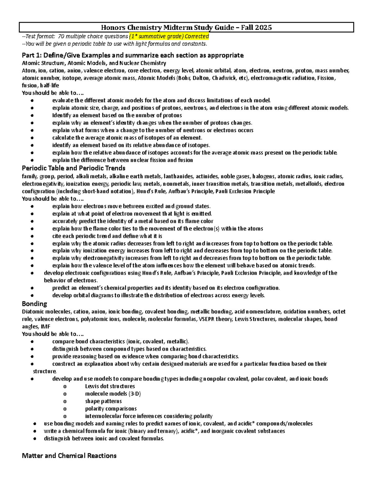 Honors Chemistry Midterm Study Guide F25: Key Concepts & Practice - Studocu