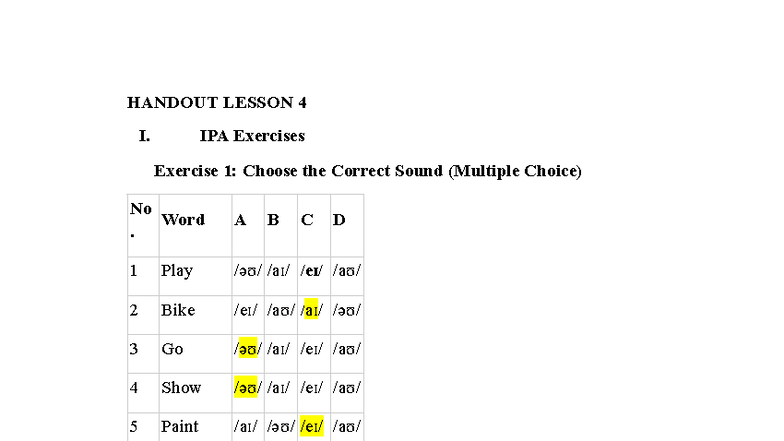 Handout Lesson 4 - IPA Exercises and Hobbies Activities - Studocu
