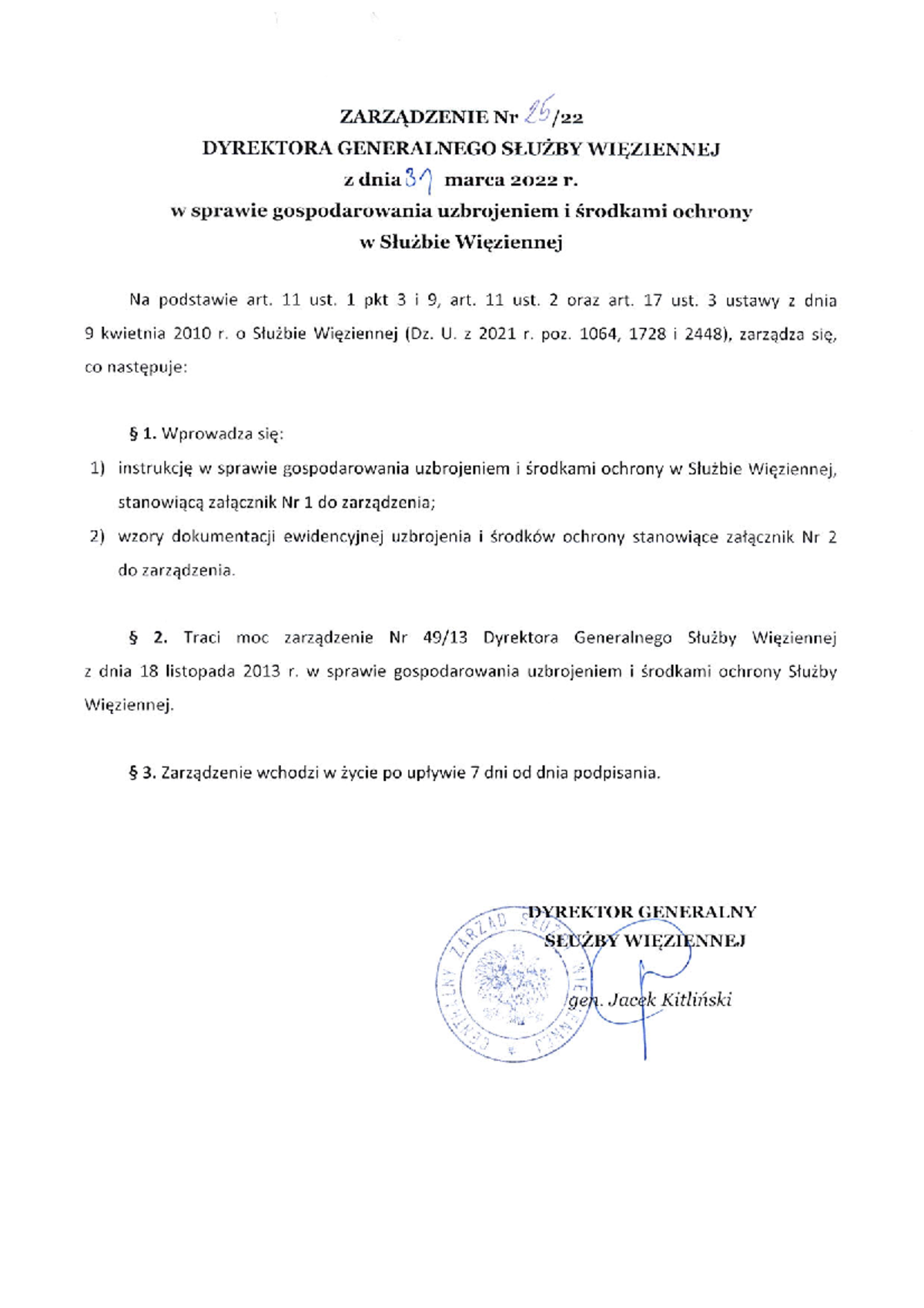 Zarządzenie Nr 25 Dyrektora Generalnego SW w sprawie uzbrojenia i