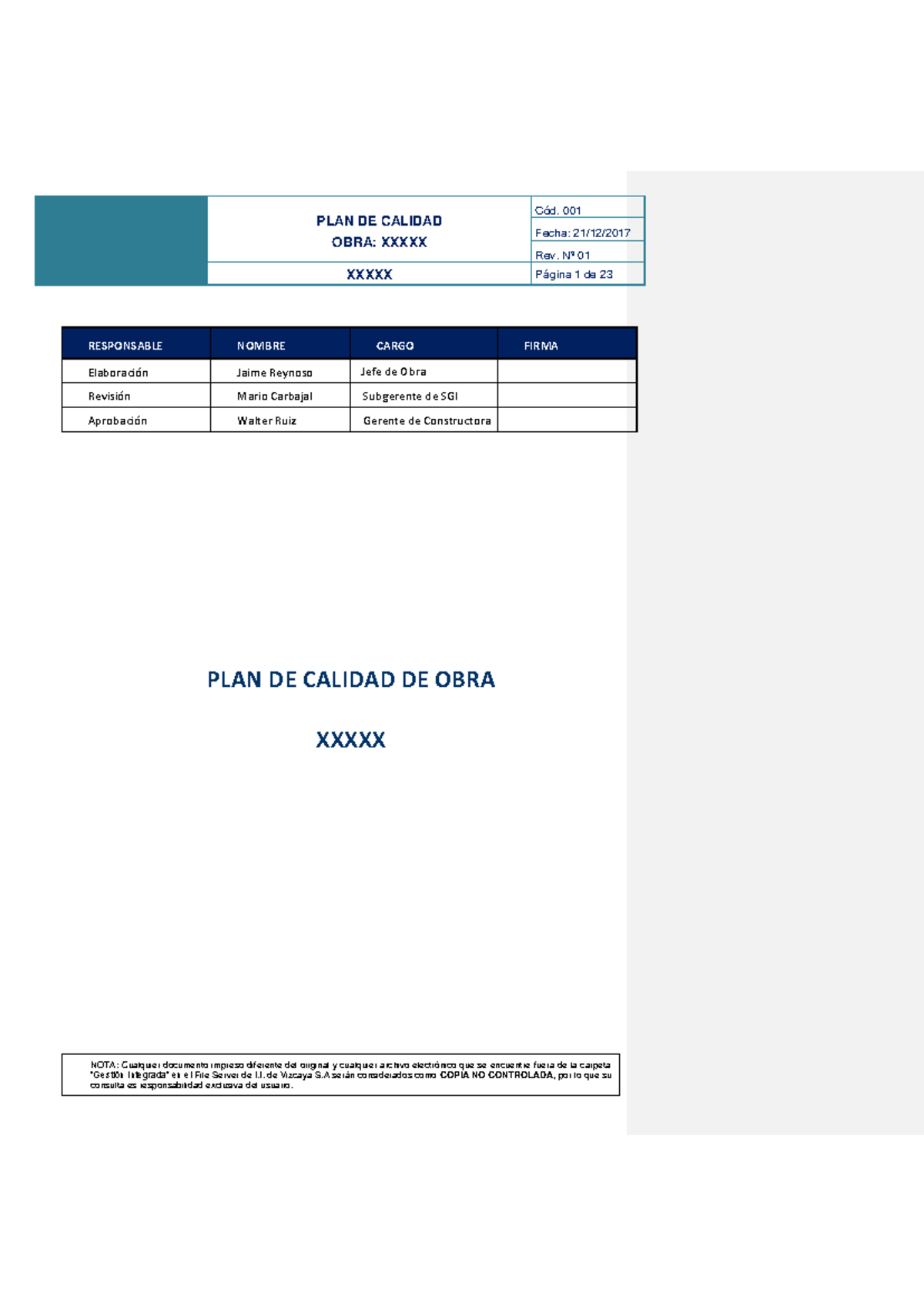 Plan de Calidad de Obra para el Proyecto DESIGN MIRAFLORES - Document Preview