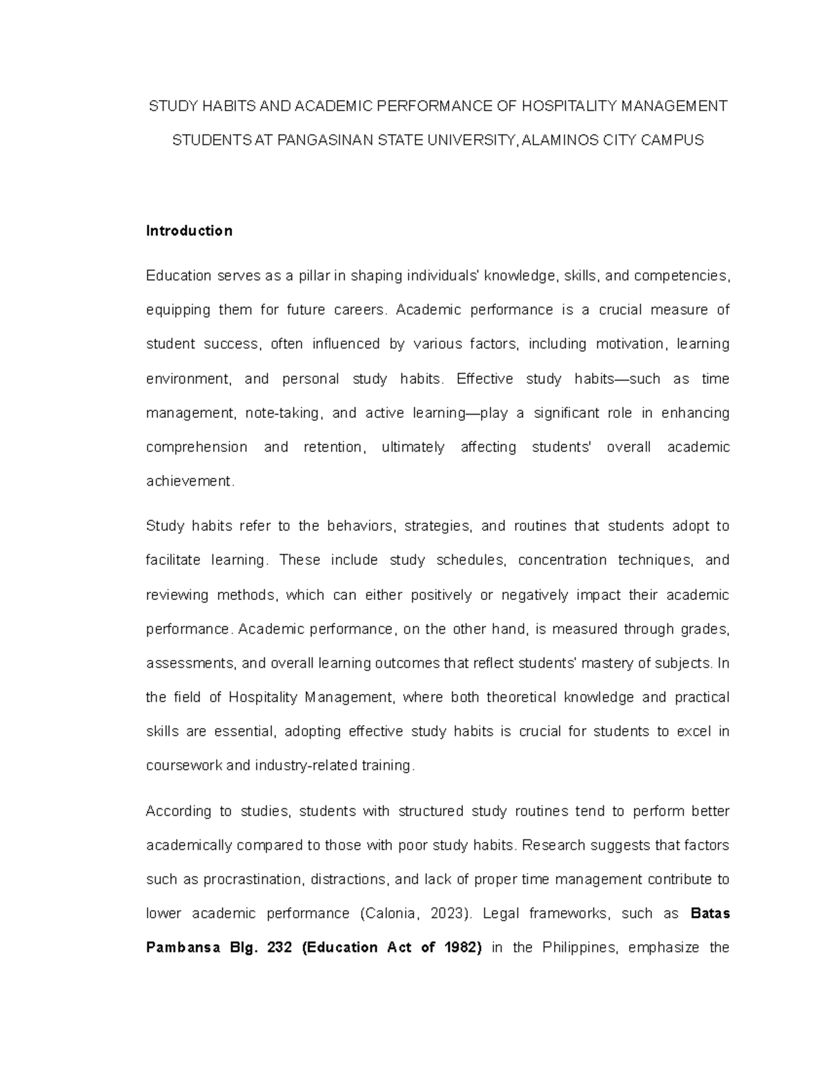 Study Habits & Academic Performance of Hospitality Mgmt Students at PSU ...