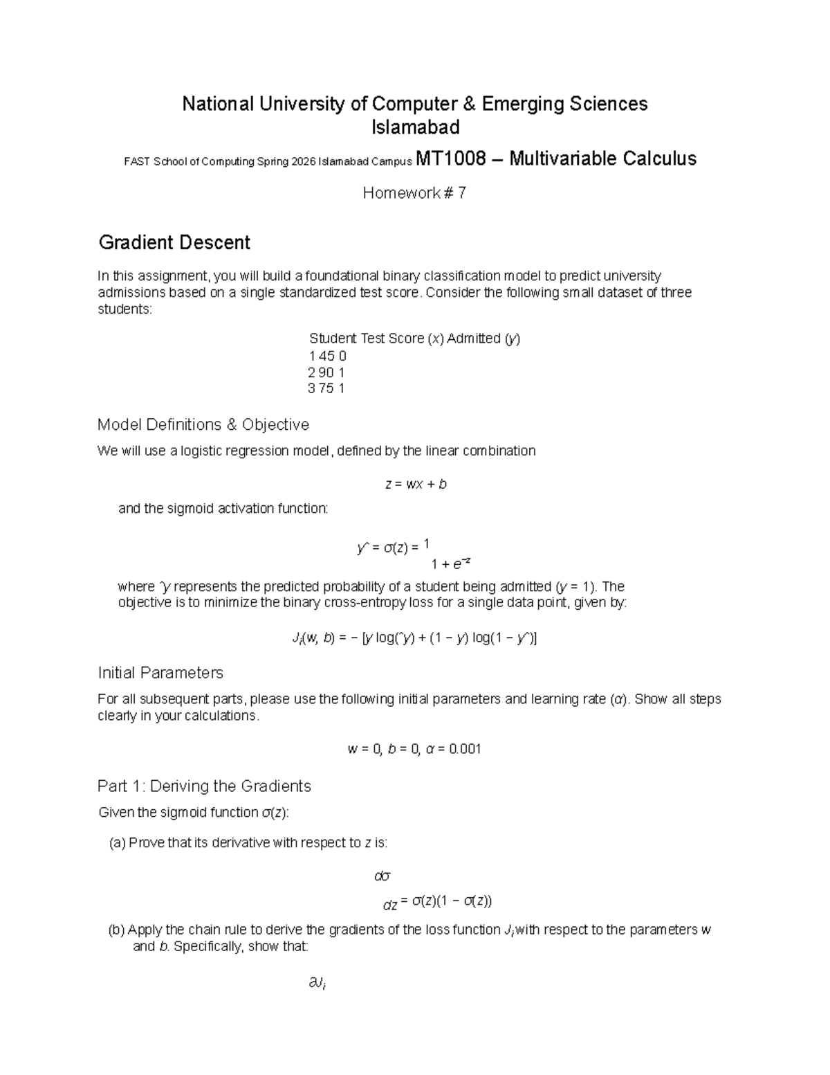 MT1008 Multivariable Calculus Homework 7: Gradient Descent Practice ...