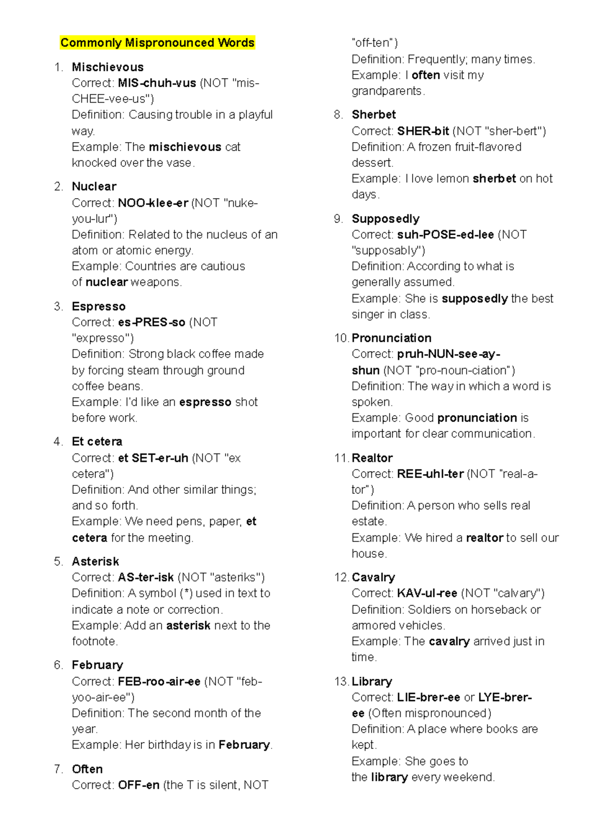 Commonly Mispronounced Words: A Guide to Correct Pronunciation - Studocu