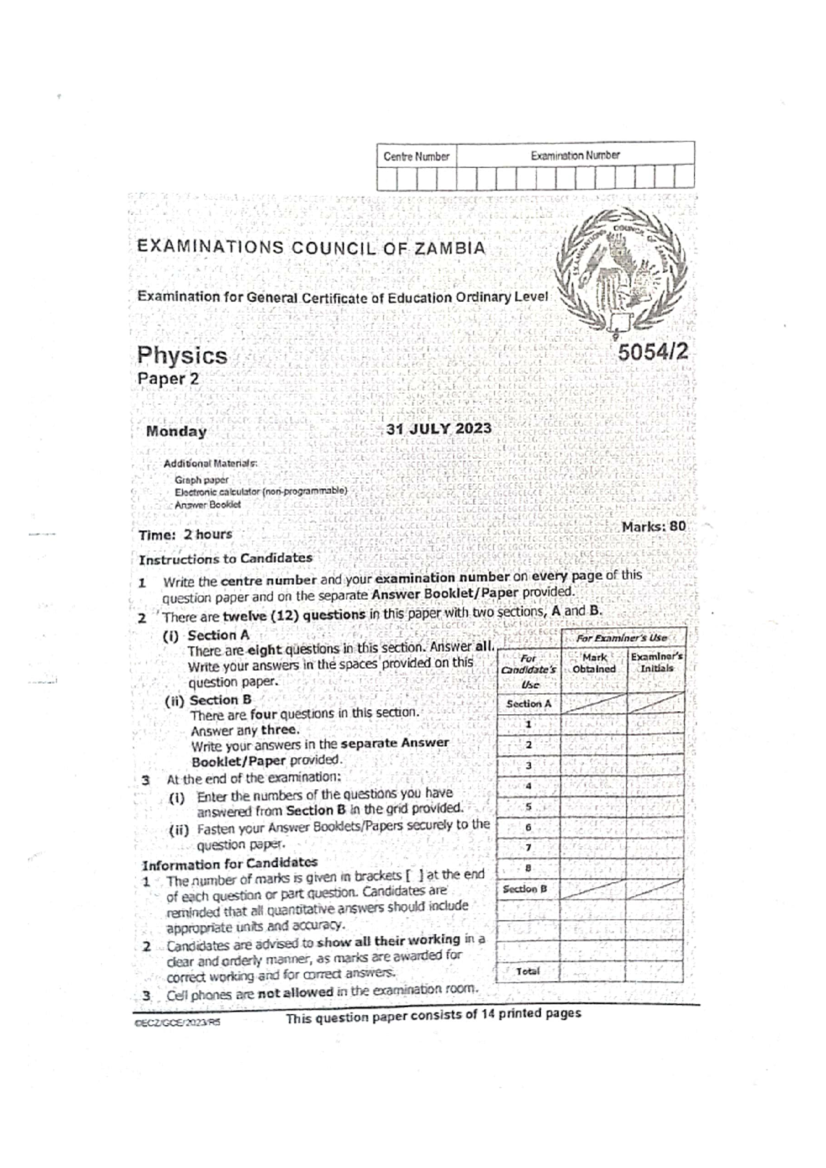 Physics 5054 GCE 2023 Ordinary Level Paper 2 Exam Questions - Studocu