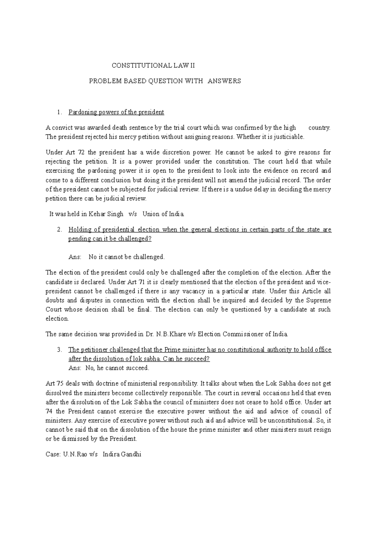 Constitutional Law II: Problem Based Questions & Answers - Studocu