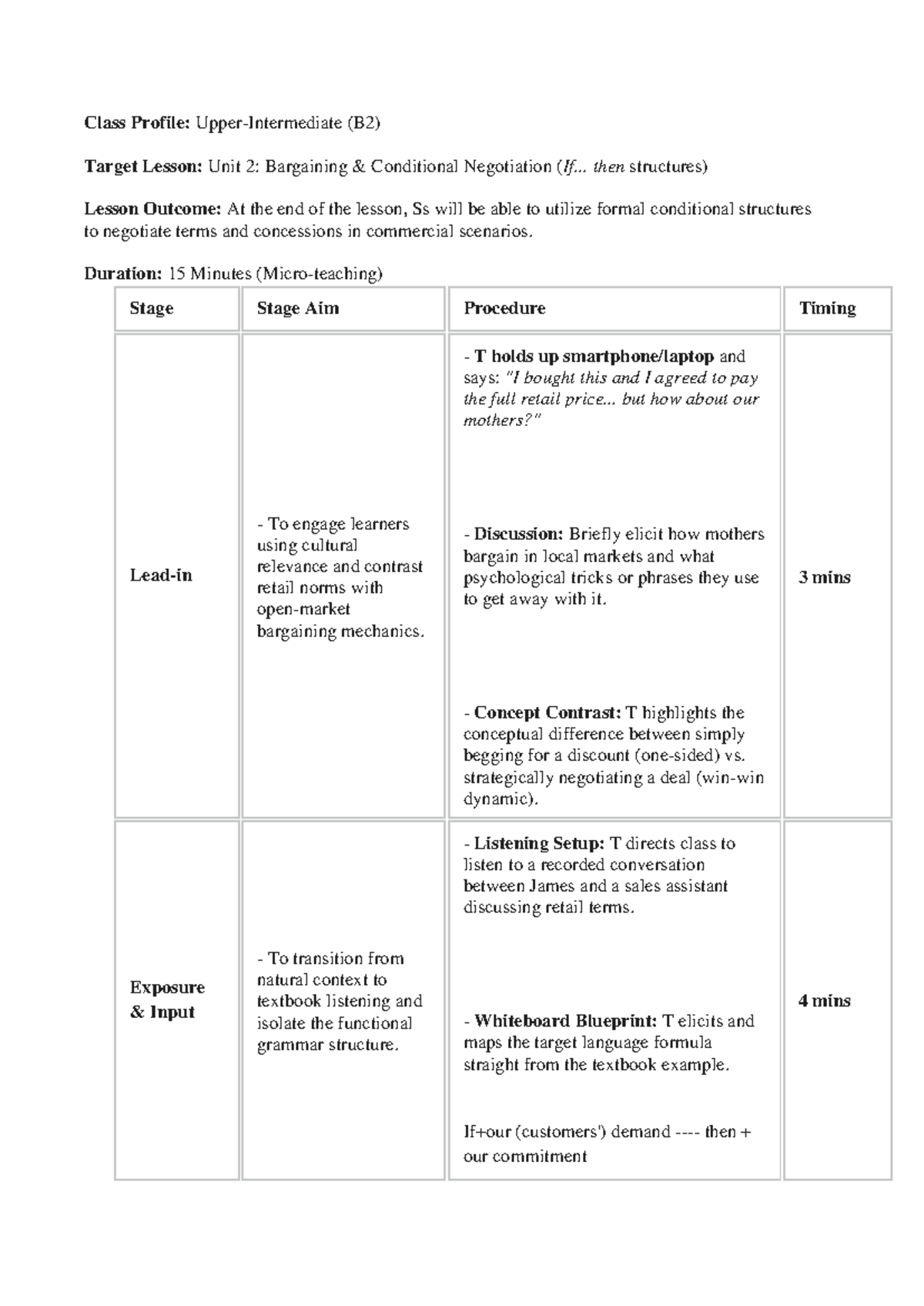 Micro Lesson Plan: (B2) Unit 2 - Conditional Negotiation Techniques ...