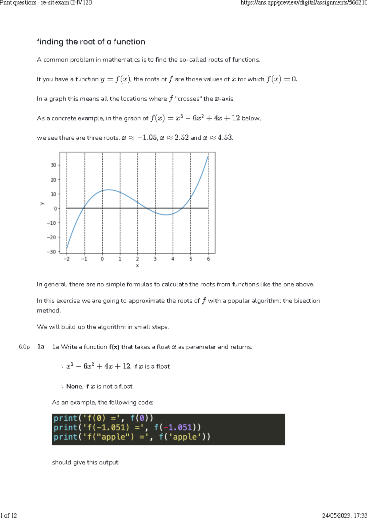 Finding Roots of Functions: Exam Questions for 0HV120 - Studeersnel