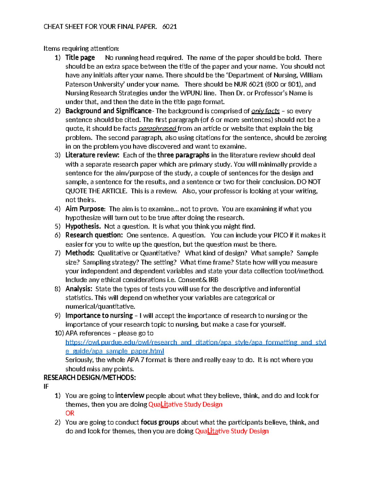 NUR 6021 Final Paper Cheat Sheet: Key Guidelines & Tips - Studocu