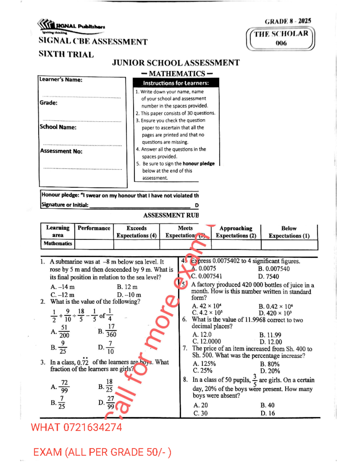 G8 006 Mathematics Assessment: Sixth Trial Questions - Studocu