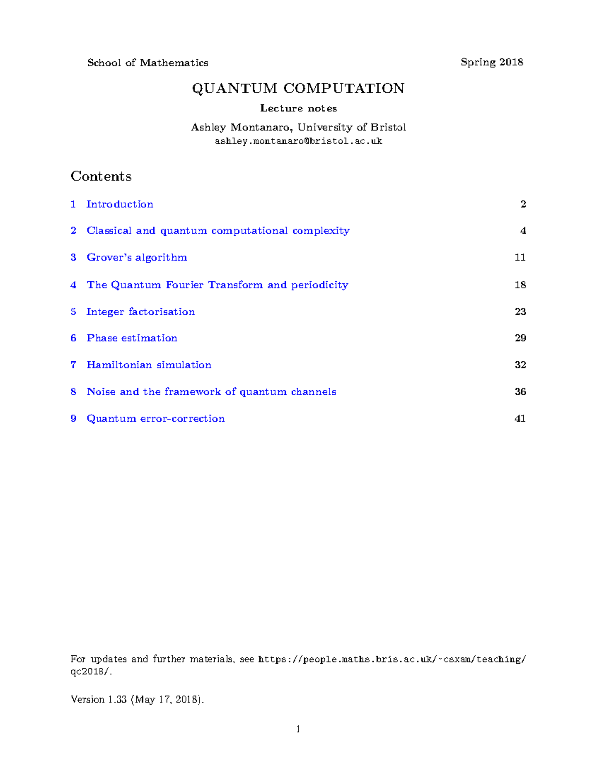 Lecture Notes on Quantum Computation (MATHM5610) - Spring 2018 - Studocu