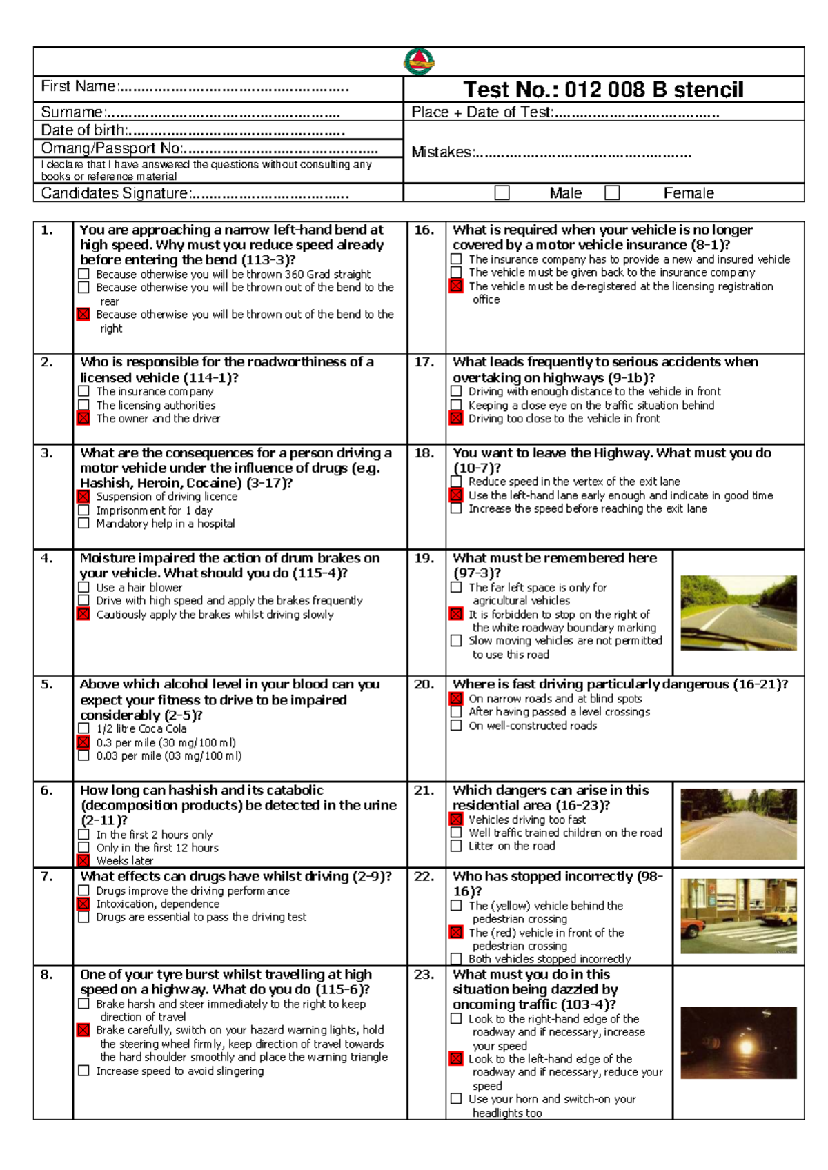 Driving Test No. 012: Road Safety and Vehicle Handling Questions - Studocu