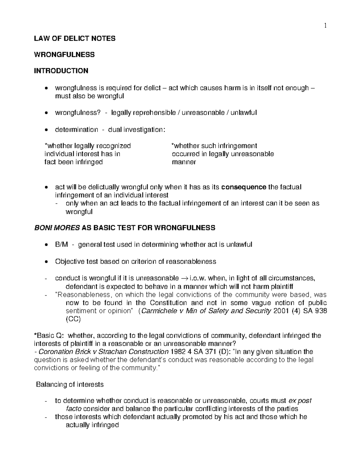 LAW 301: Law of Delict Final Exam Notes on Wrongfulness and Liability ...