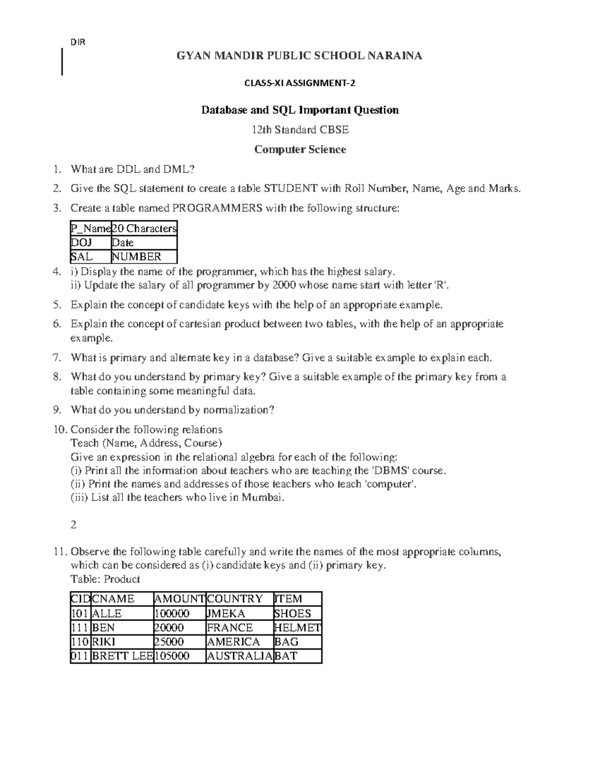 SQL Assignment (21-11): Key Database Questions and SQL Queries - Studocu