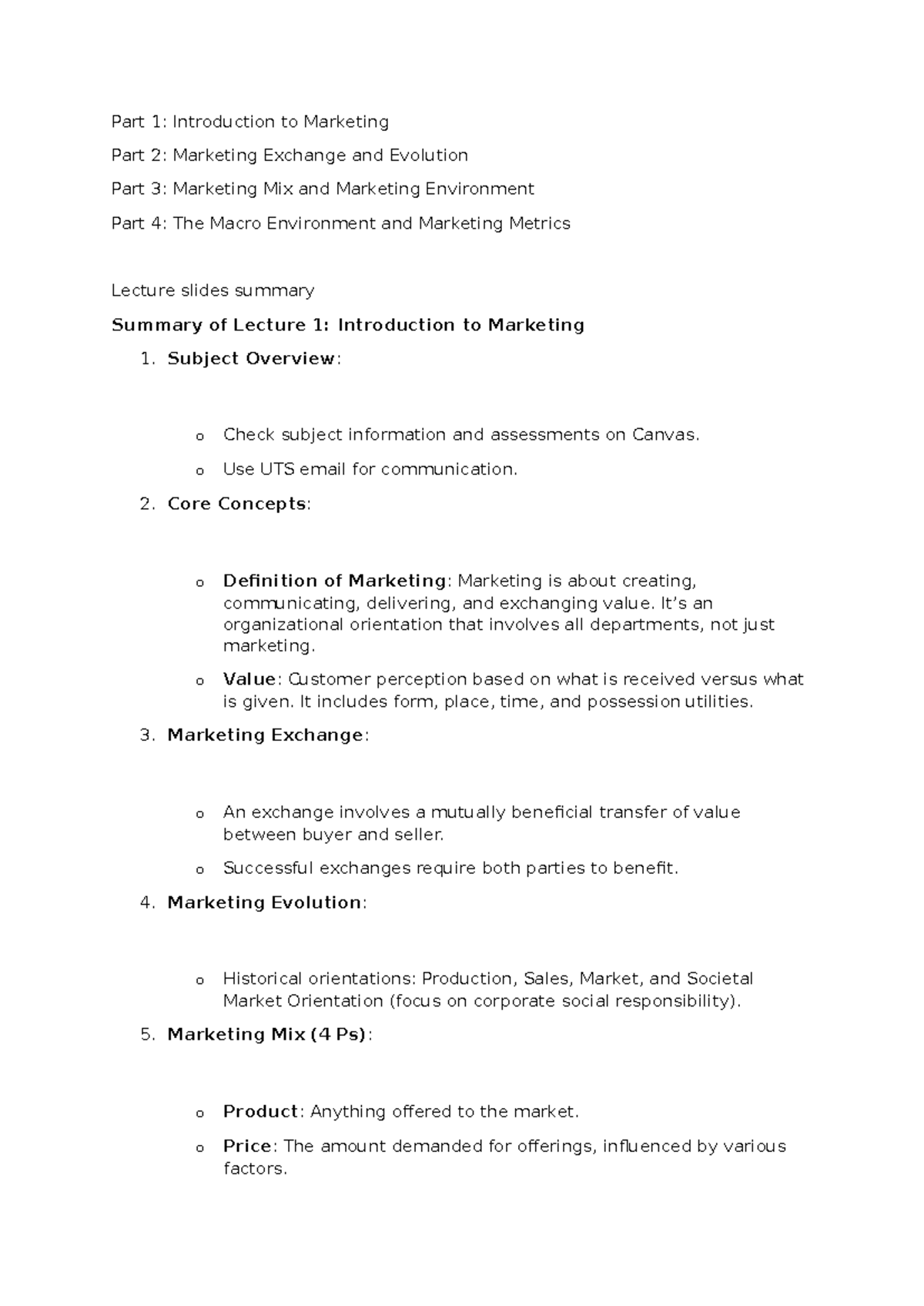 UTS Marketing 101: Week 1 Lecture Summary & Key Concepts - Studocu