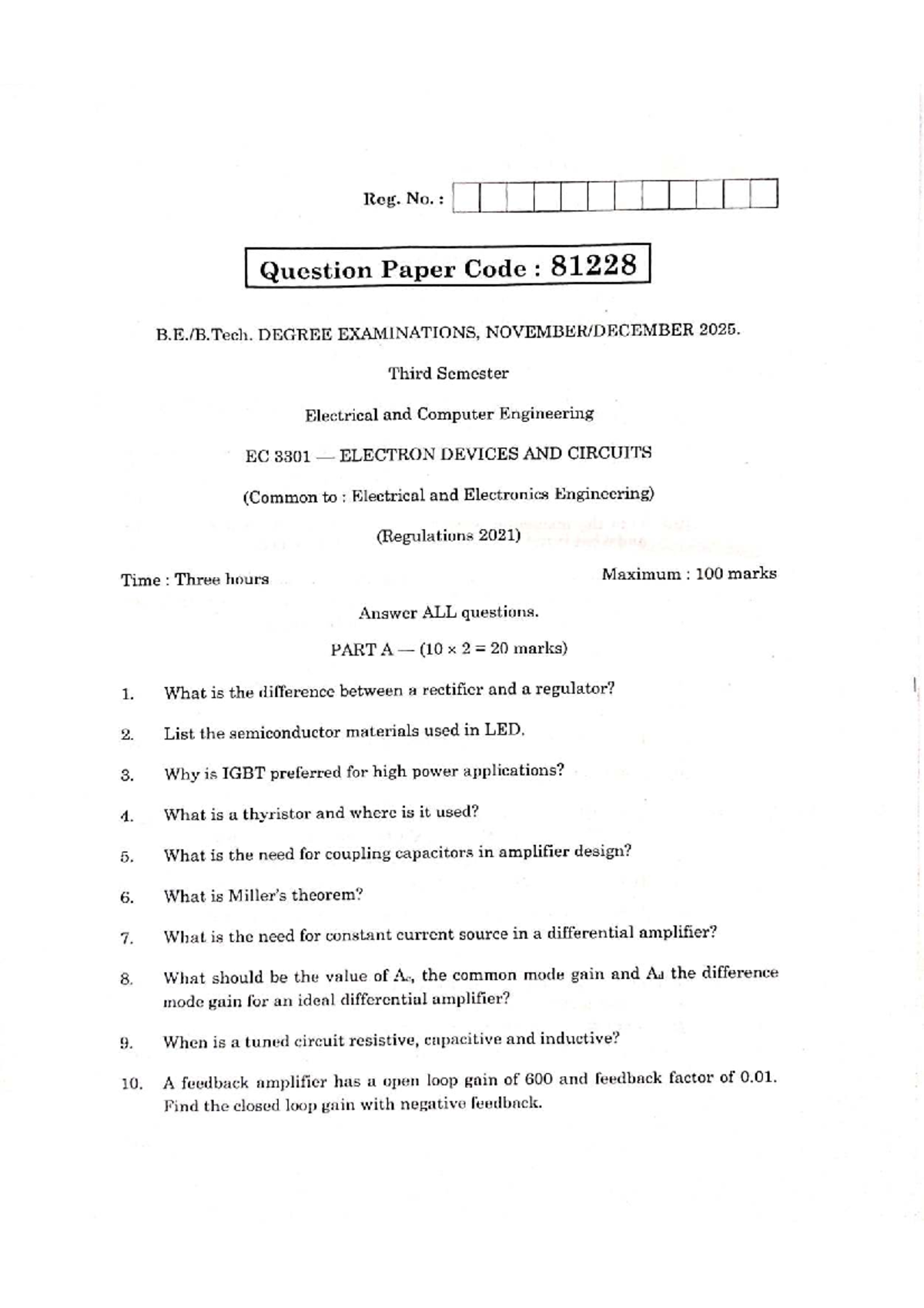 EC 3301 Final Exam Question Paper - Electron Devices & Circuits - Studocu