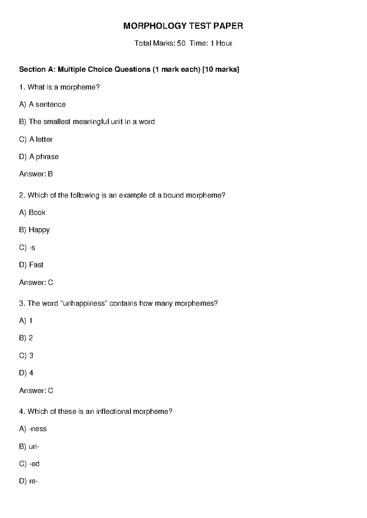 Morphology Test Questions & Answers - Exam Paper (50 Marks) - Studocu