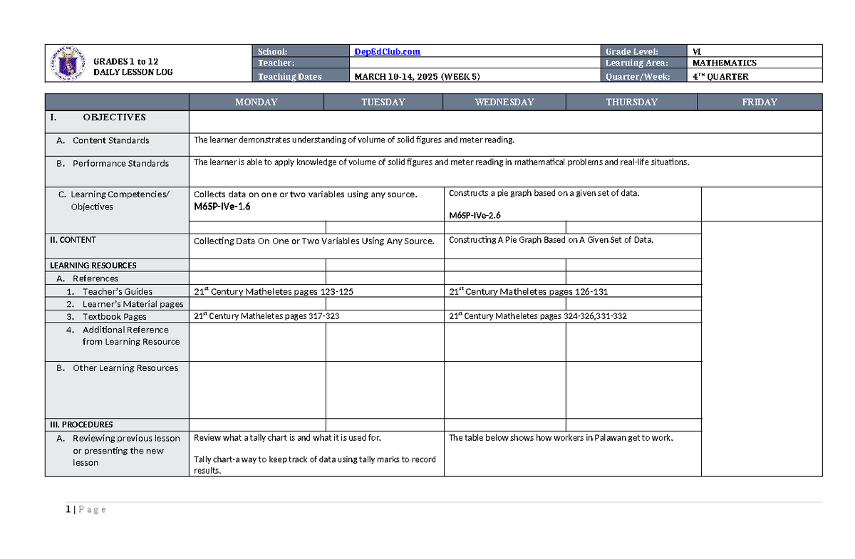DLL Mathematics 6 Q4 W5: Daily Lesson Log on Data Collection and ...