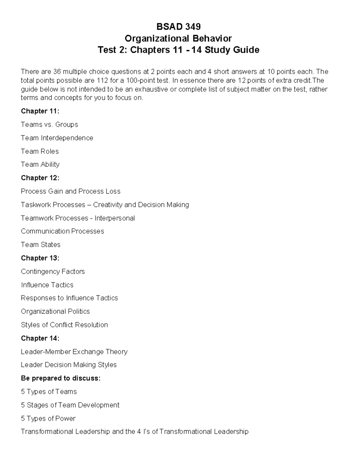 BSAD 349 Org Behavior Test 2 Study Guide: Ch. 11-14 Focus Areas - Studocu
