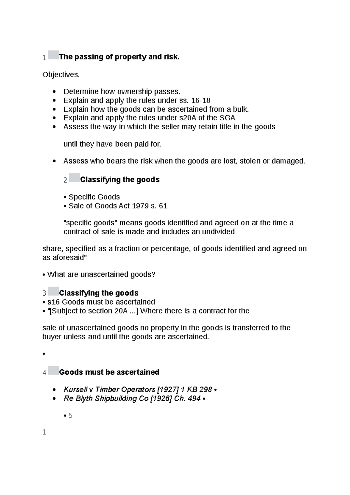 Lecture Notes on Property Passing and Risk - Case Law & Summaries - Studocu