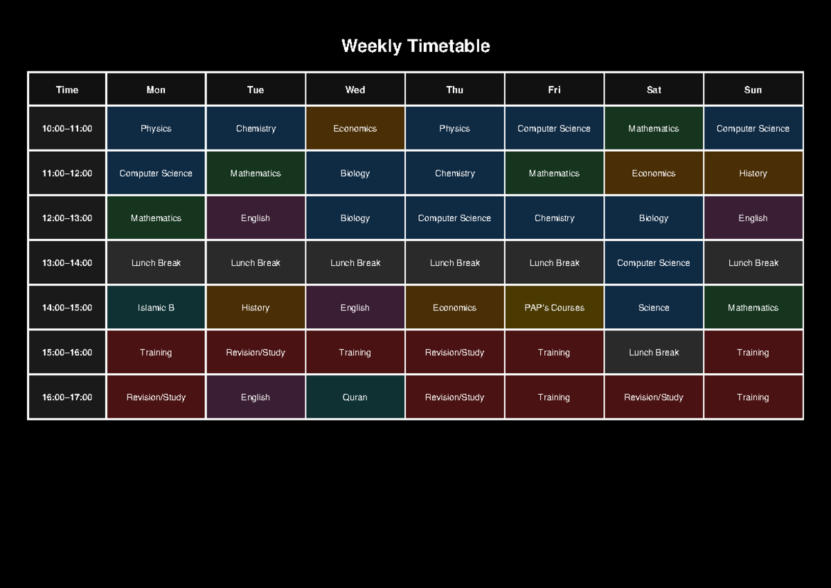 Weekly timetable printable black background - Weekly Timetable Time Mon ...